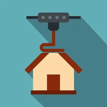3d printer printing house icon, flat style Ilustración de archivo