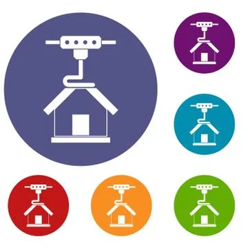 3d printer printing house icons set Stock Illustration