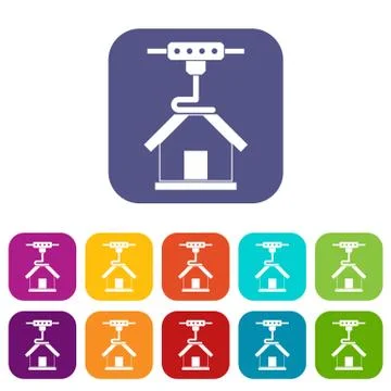 3d printer printing house icons set flat Stock Illustration