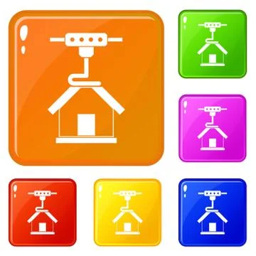 3d printer printing house icons set color Stock Illustration