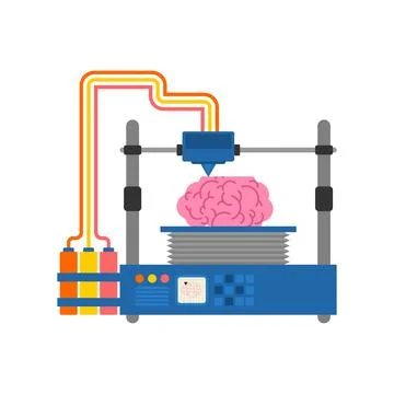 3D printer printing a human brain. Represents AI, mind technology, biotech,.. Stock Illustration