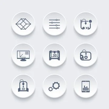 3d printer, printing icons set, modeling, designing, additive manufacturing,  Stock Illustration