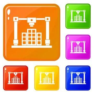 3d printer printing layout of building icons set vector color Ilustración de archivo
