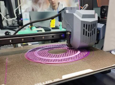 3D printer printing object close-up. Process creating three-dimensional model Stock Photos