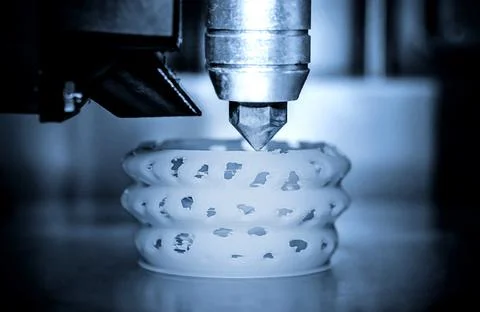 3d printer printing objects blue gray color form closeup. Foto stock