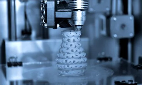 3d printer printing objects blue gray color form closeup. Stock Photos