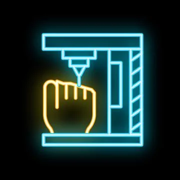 3d printer printing prosthetic hand neon sign icon on black background Stock Illustration