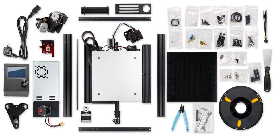 3D printer printing self building DIY kit all parts isolated on white backgro Fotos de archivo