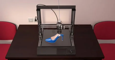 A 3D printer prints a blue women's shoe. Stock Footage 254543230
