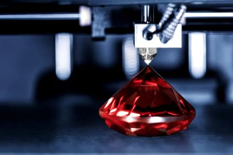 3D printer prints a gem, Ruby with transparent filament 스톡 사진