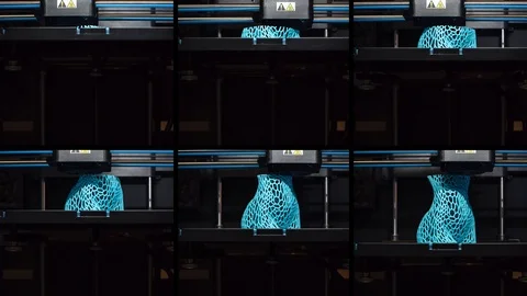 3d printer prints the model of female body, video collage of process of creating Stock Footage 106752497