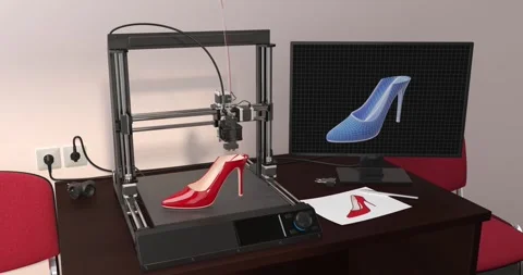 3D printer prints a pair of red women's shoes. Stock Footage 253486665
