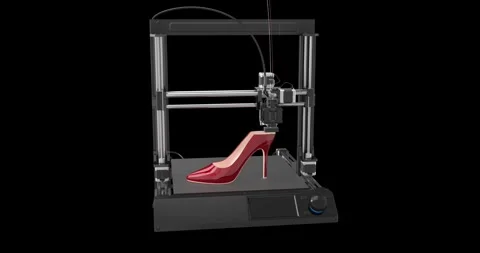 A 3D printer prints a red women's shoe. RGB + Alpha channel Stock Footage 253977625