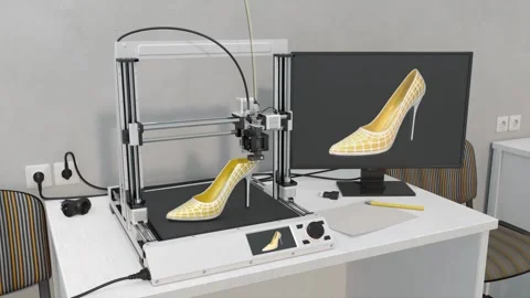 A 3D printer is in the process of printing a new model of women's shoes. Stock Footage 283748814