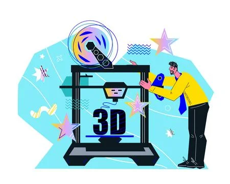 3d printer service banner or poster, cartoon flat vector illustration isolate Illustrazione stock