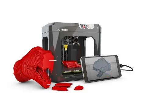3D printer, smart phone and 3D sample model. 3D Illustration Stock Illustration