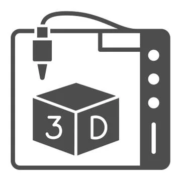 3D printer solid icon, Robotization concept, Printing process with ready cube 스톡 일러스트