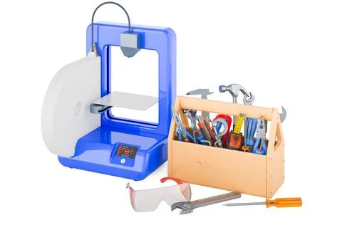 3D printer with toolbox. Repair and service of 3D printer, 3D rendering Stock Illustration
