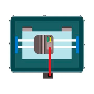 3D printer top view concept engineering industry equipment. Flat vector icon Stock Illustration