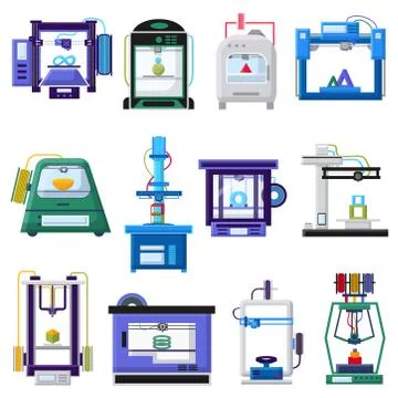 3d printers and layout rapid prototyping vector illustration. Process of 3d Stock Illustration
