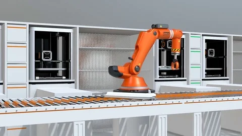 3D printers and robotic arms in production line Stock Footage 75737511