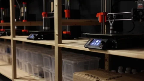 3D printers are standing in the warehouse Stock Footage 286048423