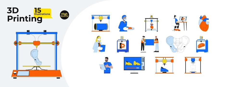 3d printers technicians line cartoon flat illustration bundle Stock Illustration
