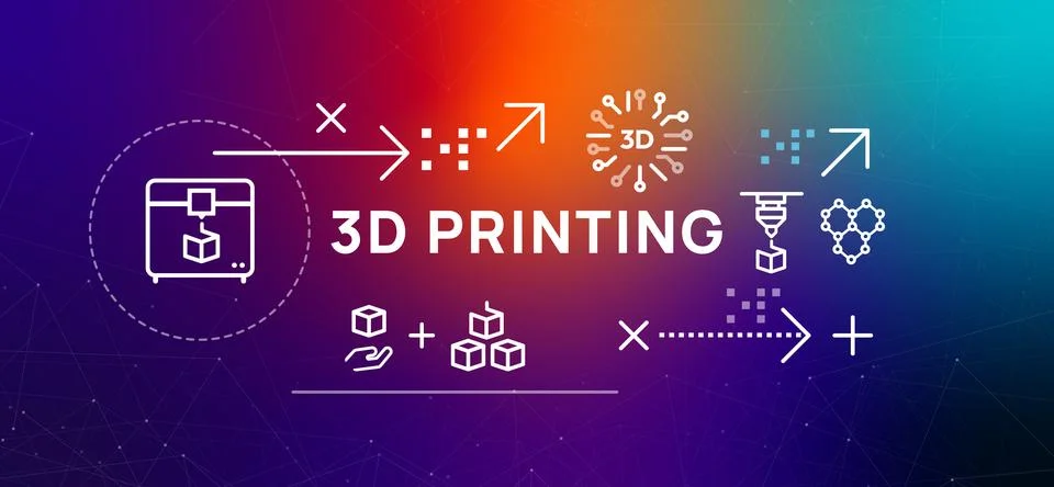3D Printing additive manufacturing process icons include 3D printer Stock Illustration
