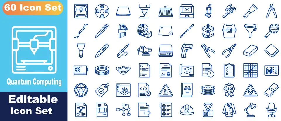3D printing and prototyping icon set featuring tools, equipment, safety gea.. Stock Illustration