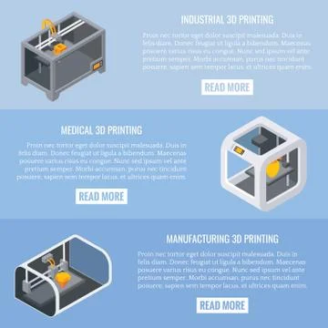 3D printing applications concept vector horizontal banner set Stock Illustration