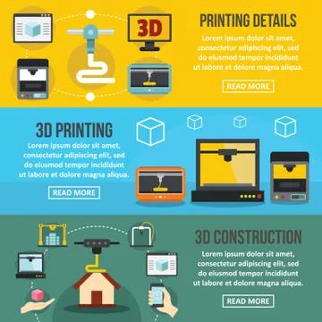 3D printing banner horizontal set, flat style Stock Illustration