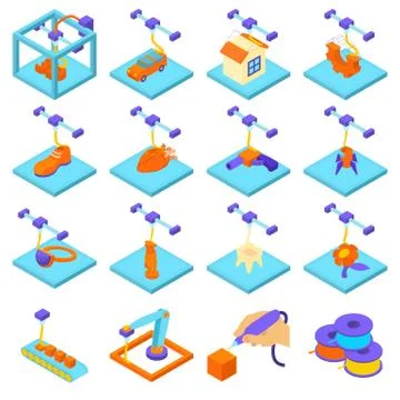3d printing button icons set, isometric style Illustrazione stock
