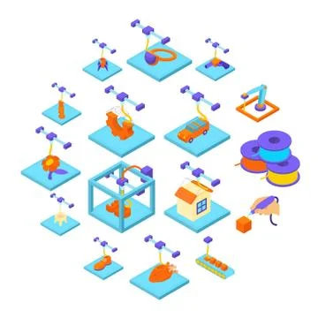 3d printing button icons set, isometric style Stock Illustration