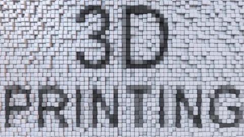 3D PRINTING caption on fluctuating pixels background, 3D rendering Stock Illustration