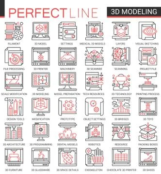 3d printing complex concept science technology thin line web icons vector set Stock Illustration
