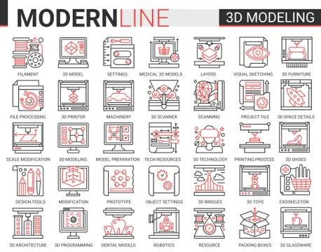 3d printing complex concept science technology thin line web icons vector set Stock Illustration