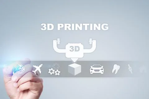 3D printing concept on virtual screen. Modern technology and innovations. Stock Photos