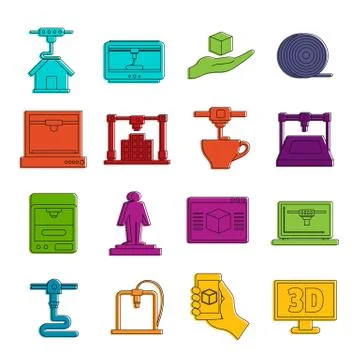 3D Printing icons doodle set Stock Illustration
