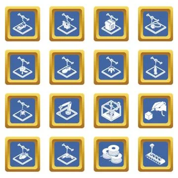 3d printing icons set blue square vector Stock Illustration