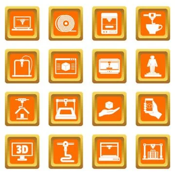 3D Printing icons set orange Stock Illustration