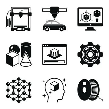 3D printing icons set showing printer, car model, computer design, geometri.. Stock Illustration