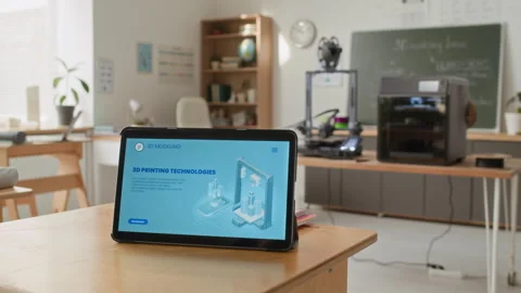 3D Printing Illustration on Digital Tablet, Two 3D Printers Working in Classroom Stock Footage 335690049