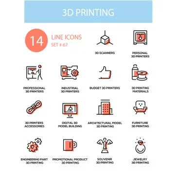 3D printing - line design style icons set Stock Illustration