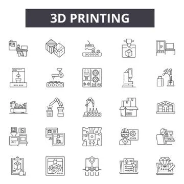 3d printing line icons. Editable stroke signs. Concept icons: manufacturing Stock Illustration