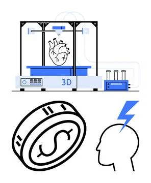 3D Printing Machine Creating Heart, Coin with Dollar Symbol, and Human Head with Stock Illustration