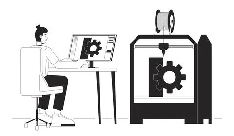 3D printing in mechanical engineering black and white cartoon flat illustration Stock Illustration