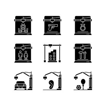 3d printing process black glyph icons set on white space Stock Illustration