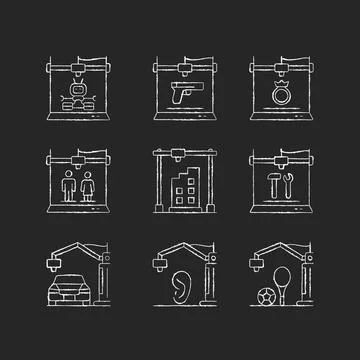 3d printing process chalk white icons set on dark background Stock Illustration