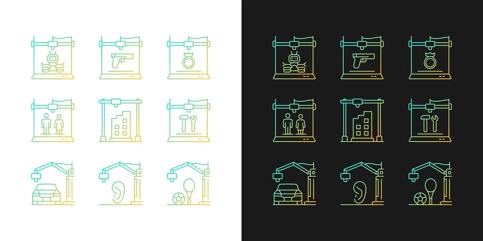 3d printing process gradient icons set for dark and light mode Stock Illustration