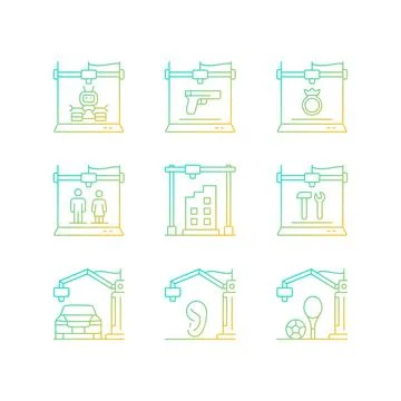 3d printing process gradient linear vector icons set Stock Illustration